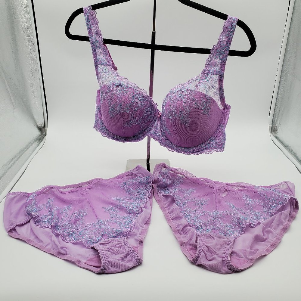 Ambrielle 40C Lace Underwire Lavender Bra with 2 Matching High Cut XL Panties